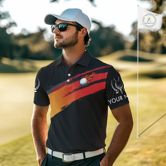 Black and Orange gradient flame golf ball Men golf polo shirts custom mens golf clothes, golfer gifts NQS10168