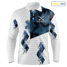 Load image into Gallery viewer, Blue tropical argyle pattern white golf polos shirts for men custom mens golf top, best golf gifts NQS10303
