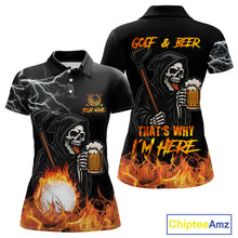 Load image into Gallery viewer, Funny Skull Reaper Lightning Flame Golf Polo Shirts For Women custom Golf &amp; Beer That's why I'm here NQS10932