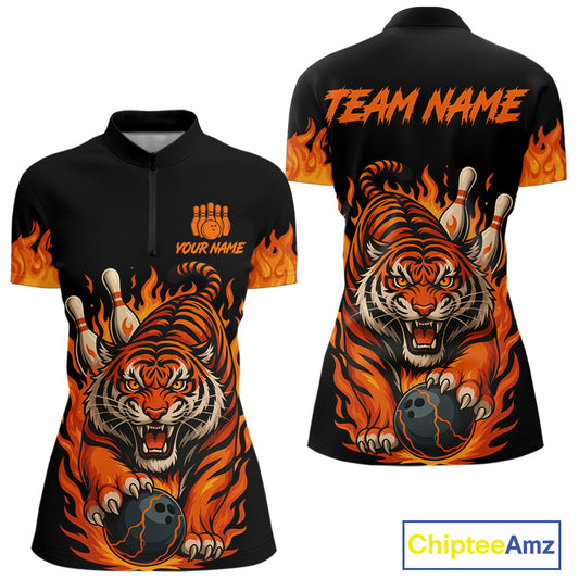 Black and Orange Flame Tiger Bowling Polo, 1/4 Zip Shirts for Women Custom Team Tiger Bowling Jersey NQS10935