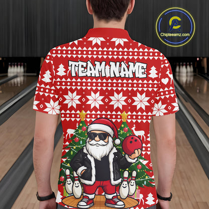 Funny Santa Christmas Mens Bowling Polo, Quarter Zip Shirts Custom Team Bowling Jersey | Red NQS10936