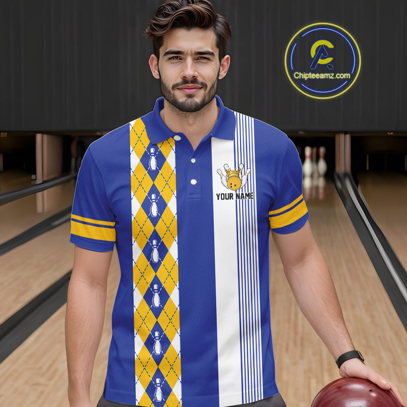Retro Blue and Yellow argyle pattern Bowling shirts For Men custom bowling team jersey Bowler Outfits NQS11108