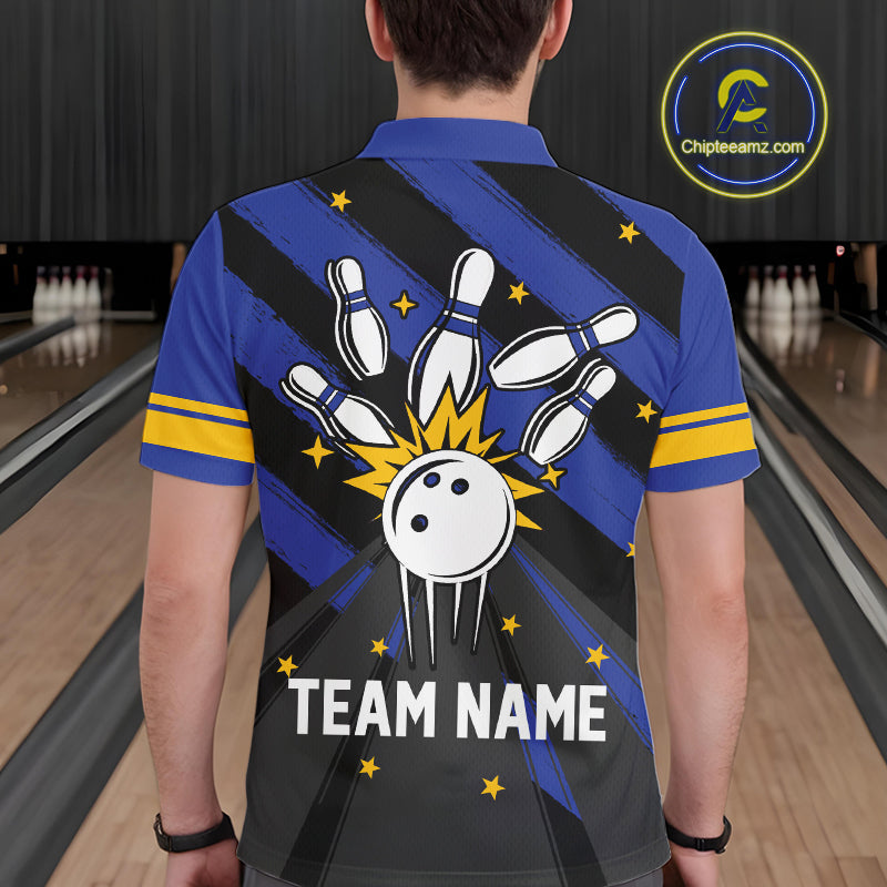 Retro Blue and Yellow argyle pattern Bowling shirts For Men custom bowling team jersey Bowler Outfits NQS11108