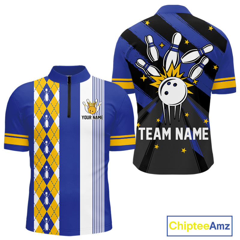 Retro Blue and Yellow argyle pattern Bowling shirts For Men custom bowling team jersey Bowler Outfits NQS11108