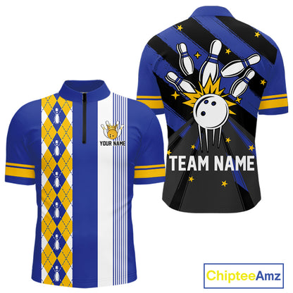 Retro Blue and Yellow argyle pattern Bowling shirts For Men custom bowling team jersey Bowler Outfits NQS11108