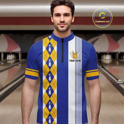 Retro Blue and Yellow argyle pattern Bowling shirts For Men custom bowling team jersey Bowler Outfits NQS11108