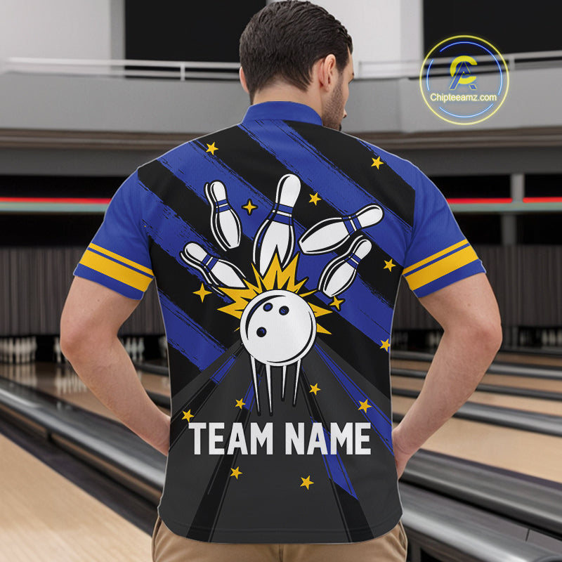Retro Blue and Yellow argyle pattern Bowling shirts For Men custom bowling team jersey Bowler Outfits NQS11108