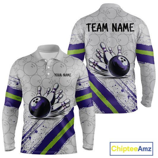 Purple and Green Bowling Camo Polo, 1/4 Zip Shirt for Men Custom Team bowling jersey gift for bowlers NQS10008