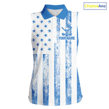 Load image into Gallery viewer, Personalized Blue &amp; White American Flag Retro Women sleeveless polo shirt Patriotic laies golf top NQS10308