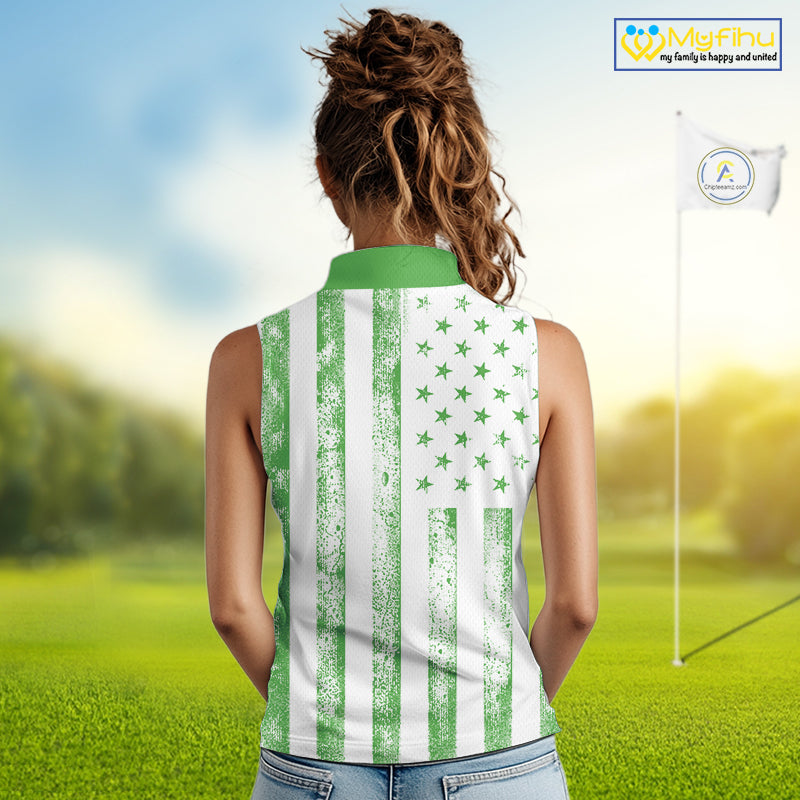 Personalized Green & White American Flag Retro Women sleeveless polo shirt Patriotic laies golf top NQS10309