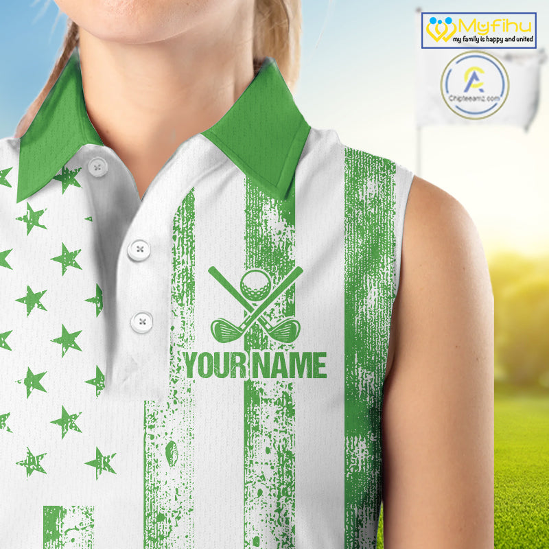 Personalized Green & White American Flag Retro Women sleeveless polo shirt Patriotic laies golf top NQS10309