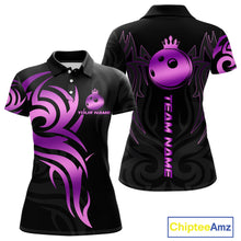 Load image into Gallery viewer, Black and Purple crown Bowling ball Polo, Quarter Zip Shirts for Women Custom Bowling Team jerseys NQS10732