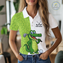 Load image into Gallery viewer, Green &amp; White Funny Alligator Golf Polo Shirt For Women Custom ladies's golf apparel funny golf gifts NQS10738