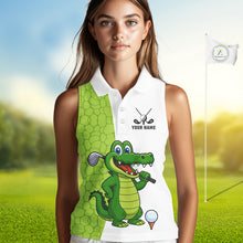Load image into Gallery viewer, Green &amp; White Funny Alligator Women Sleeveless Polo Shirt Custom ladies's golf apparel golf gifts NQS10738