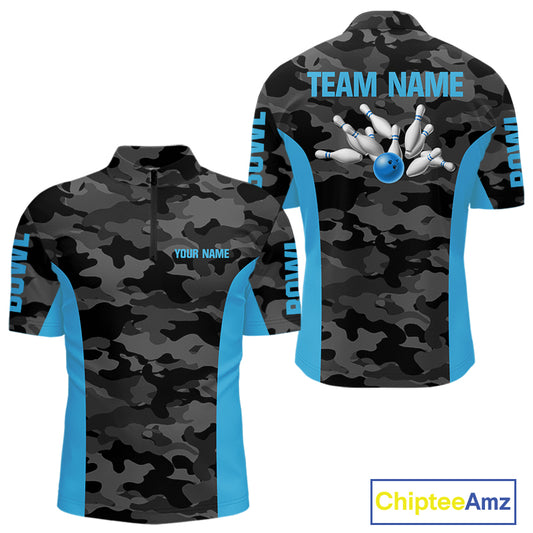 Mens bowling polo, 1/4 zip shirts Custom gray camo Bowling Team Jersey, Bowling League Shirt | Blue NQS11119