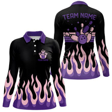 Load image into Gallery viewer, Black and Purple Flame Retro Bowling Polo, Quarter Zip Shirt for Women Custom Bowling Team Jerseys NQS9427
