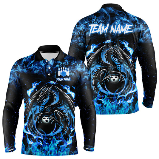 Black and Blue Flame Dragon bowling shirts for Men Custom Bowling Team Jersey, gift for Bowler NQS9607