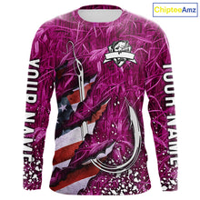 Load image into Gallery viewer, American flag fish hook pink camo fishing custom sun protection performance long sleeve fishing shirt NQS10011