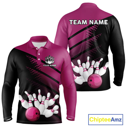 Black and Pink Bowling Polo, Quarter Zip shirts for Men Custom name bowling team league jerseys NQS10177