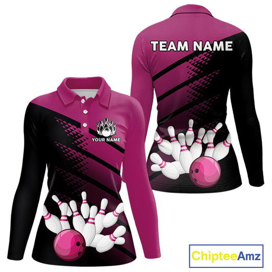 Black and Pink Bowling Polo, Quarter Zip shirts for Women Custom name bowling team league jerseys NQS10177