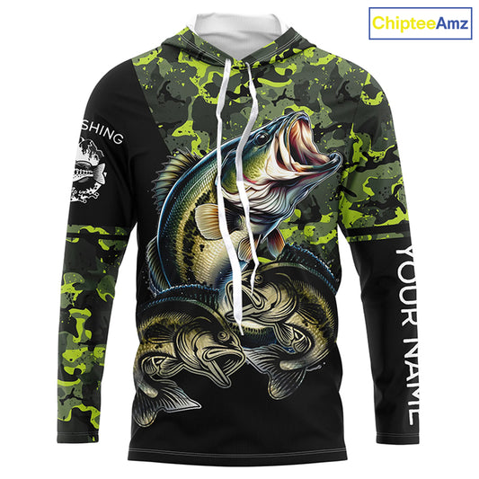 Bass fishing black green camo personalized custom sun protection long sleeve fishing shirts NQS3820