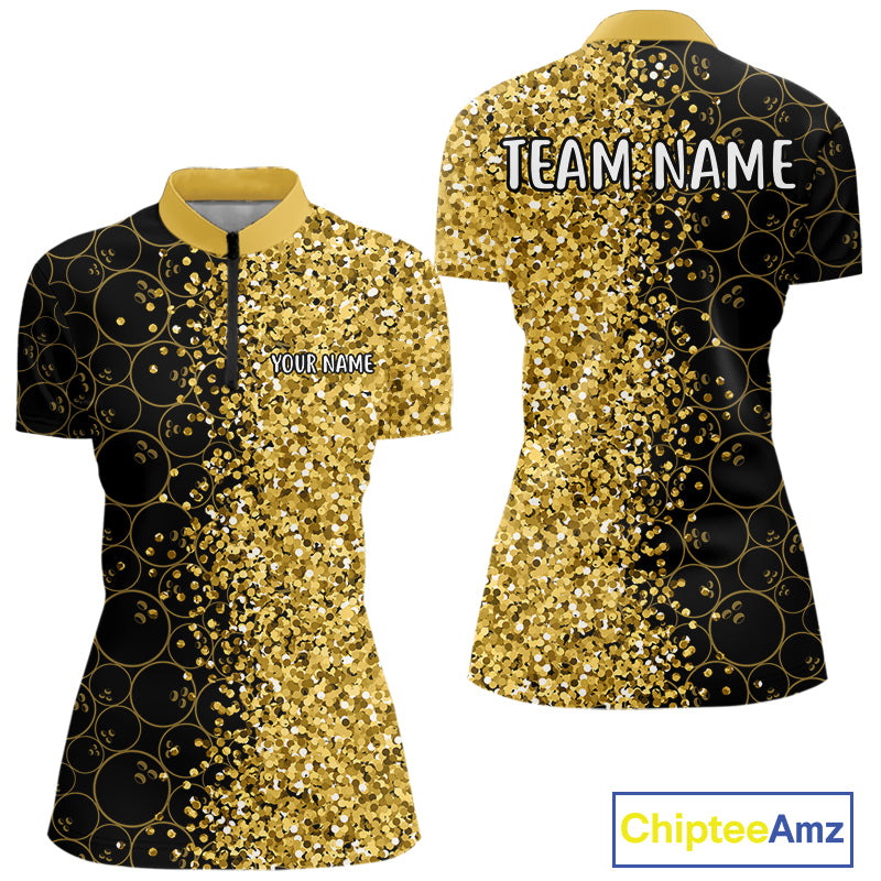 Black Camo and Gold glitter Bowling Shirts For Women Custom bowling jersey gift for bowlers NQS10938