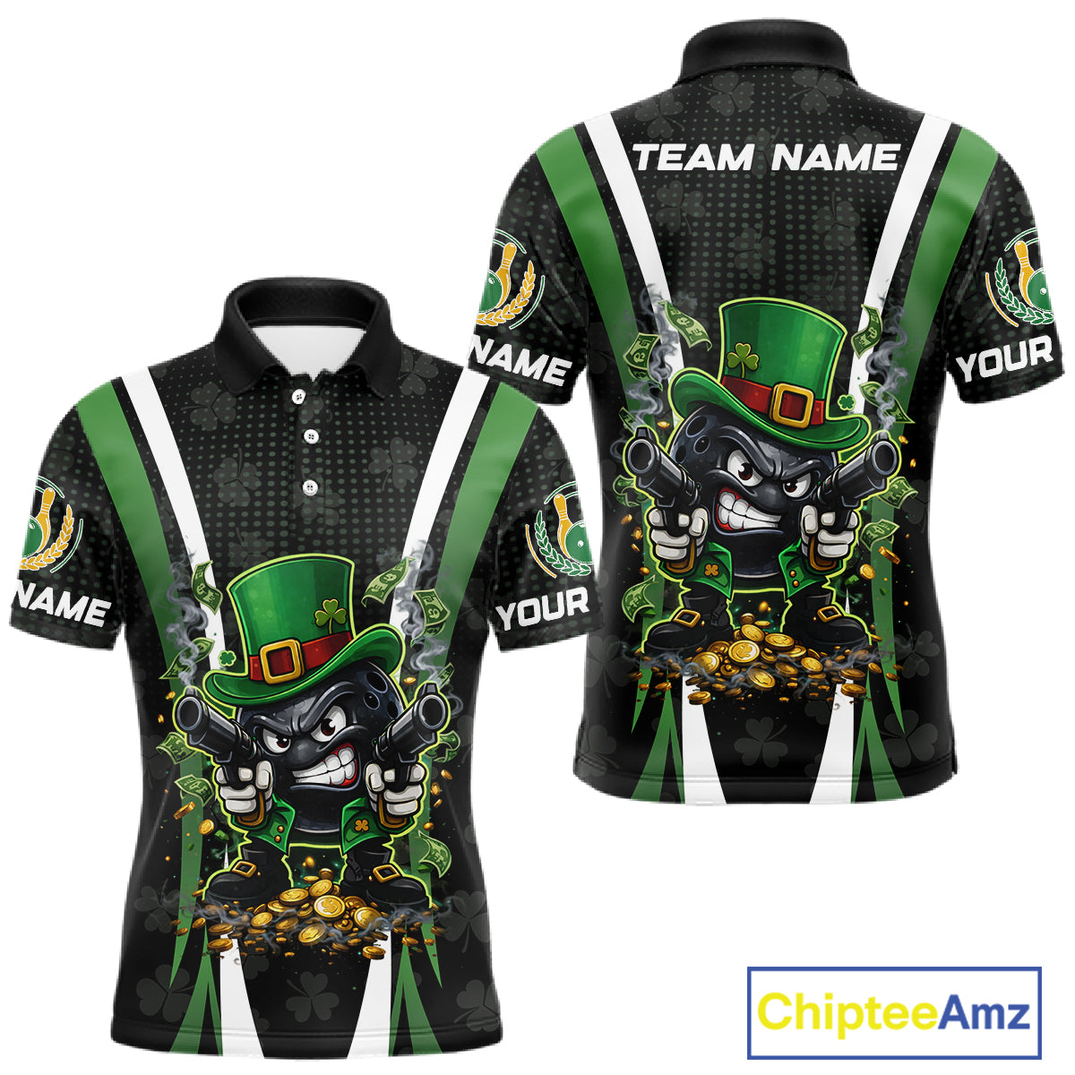 Funny St Patrick cowboy gunner Bowling Polo, 1/4 zip shirts For Men Custom Team Bowling Jerseys NQS11543