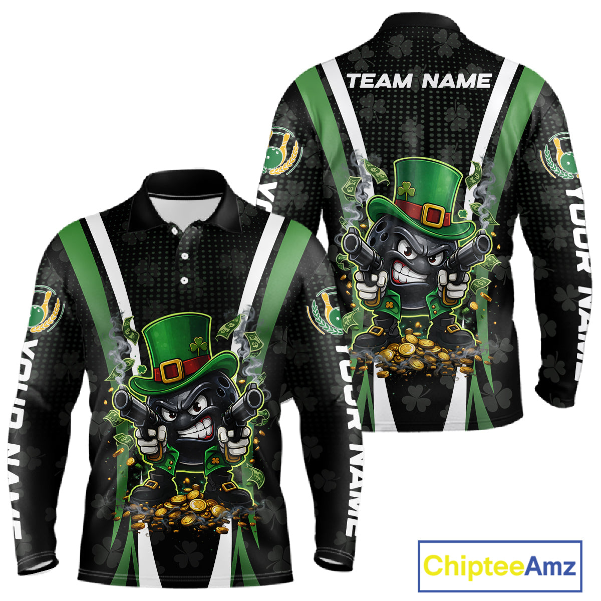 Funny St Patrick cowboy gunner Bowling Polo, 1/4 zip shirts For Men Custom Team Bowling Jerseys NQS11543