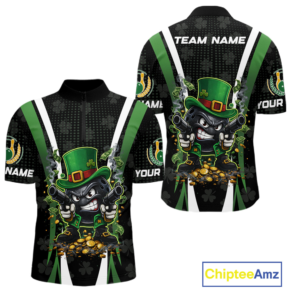 Funny St Patrick cowboy gunner Bowling Polo, 1/4 zip shirts For Men Custom Team Bowling Jerseys NQS11543