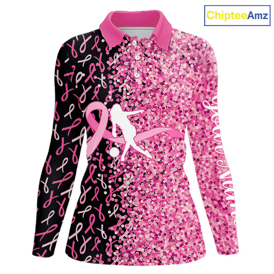 Pink glitter ribbon black Bowling Shirts For Women Custom Breast cancer bowling shirt gift for bowler NQS10180