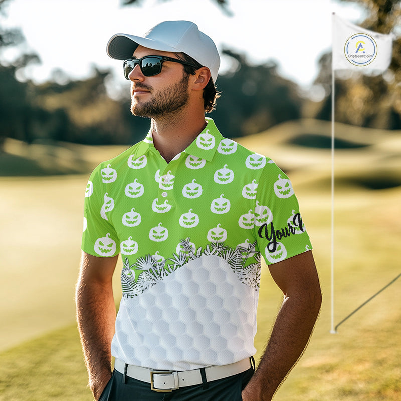 Personalized funny green pumpkin Halloween pattern mens golf polo shirts best mens golf wears NQS10316