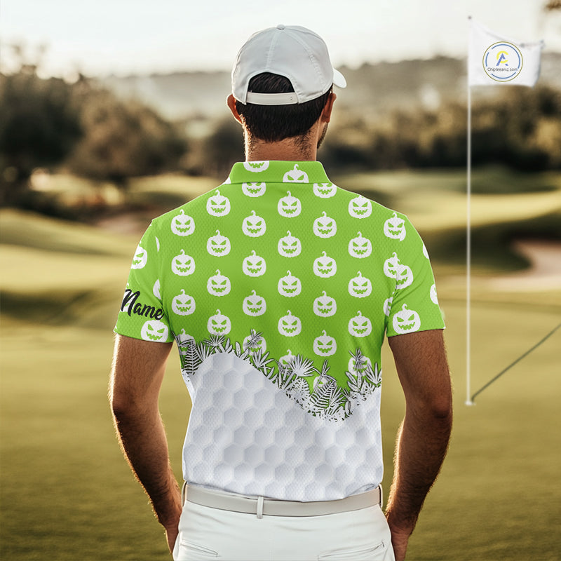 Personalized funny green pumpkin Halloween pattern mens golf polo shirts best mens golf wears NQS10316