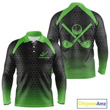 Load image into Gallery viewer, Mens golf polo shirts custom black and green hexagon pattern golf outfits men, cool golf gifts NQS10318