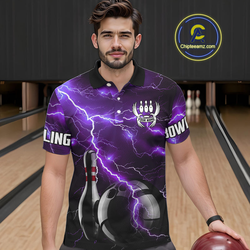Purple Lightning Thunder Black Bowling Polo, 1/4 zip Shirt for Men custom storm bowling team jerseys NQS10528