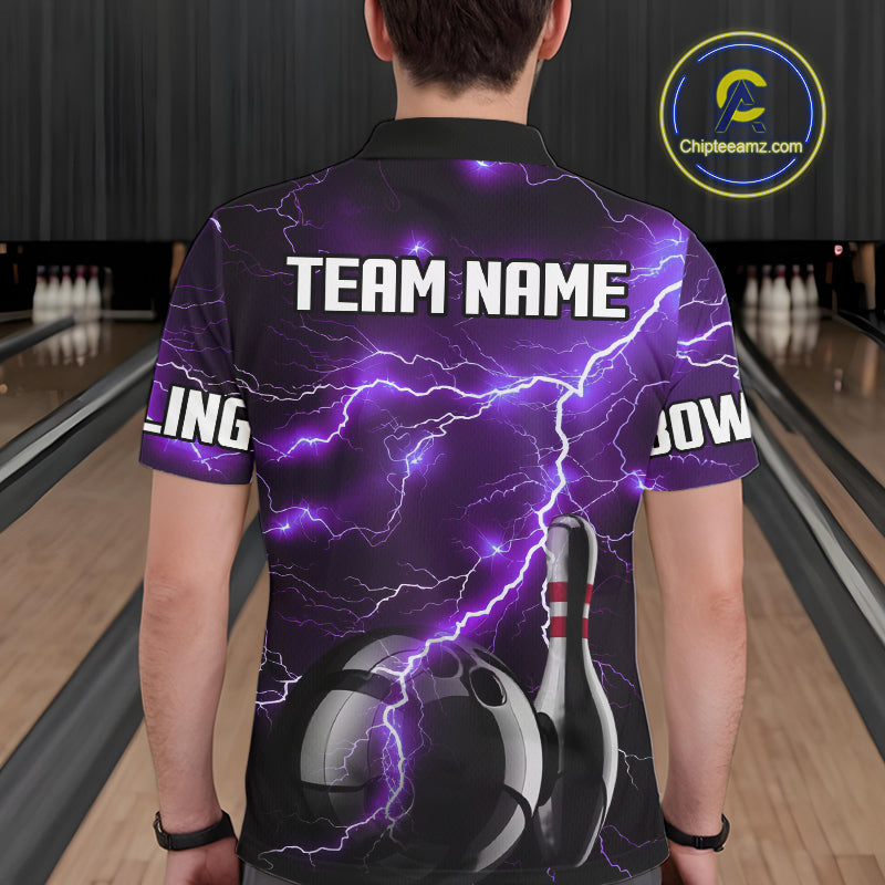 Purple Lightning Thunder Black Bowling Polo, 1/4 zip Shirt for Men custom storm bowling team jerseys NQS10528