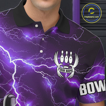Purple Lightning Thunder Black Bowling Polo, 1/4 zip Shirt for Men custom storm bowling team jerseys NQS10528