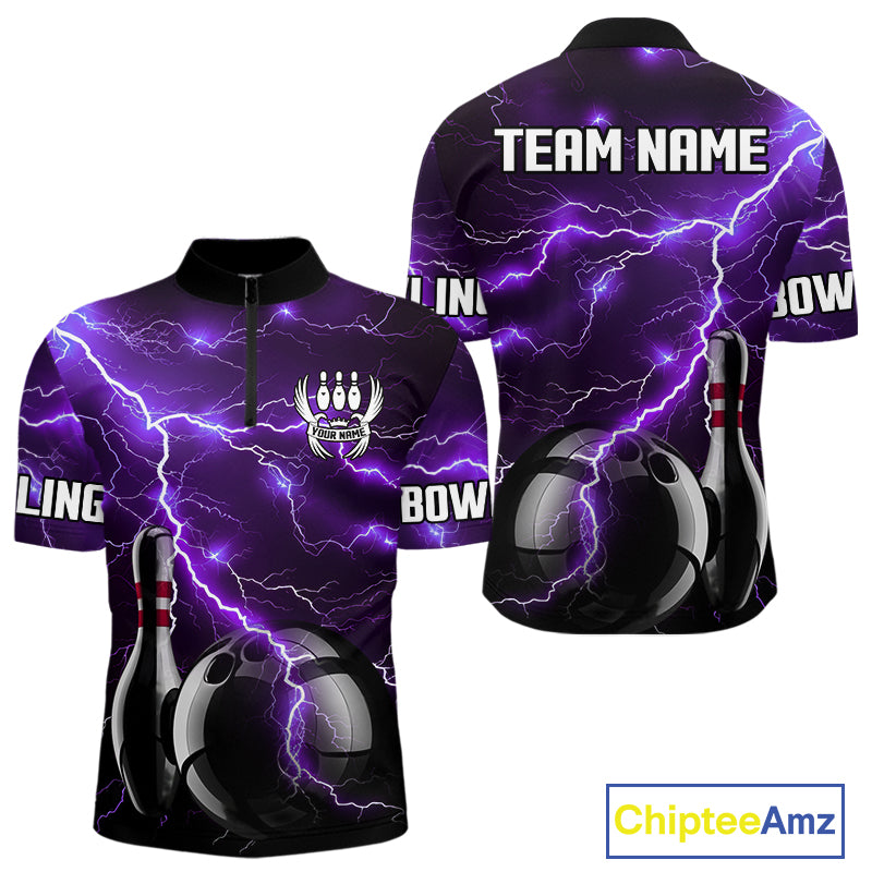 Purple Lightning Thunder Black Bowling Polo, 1/4 zip Shirt for Men custom storm bowling team jerseys NQS10528