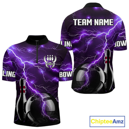 Purple Lightning Thunder Black Bowling Polo, 1/4 zip Shirt for Men custom storm bowling team jerseys NQS10528
