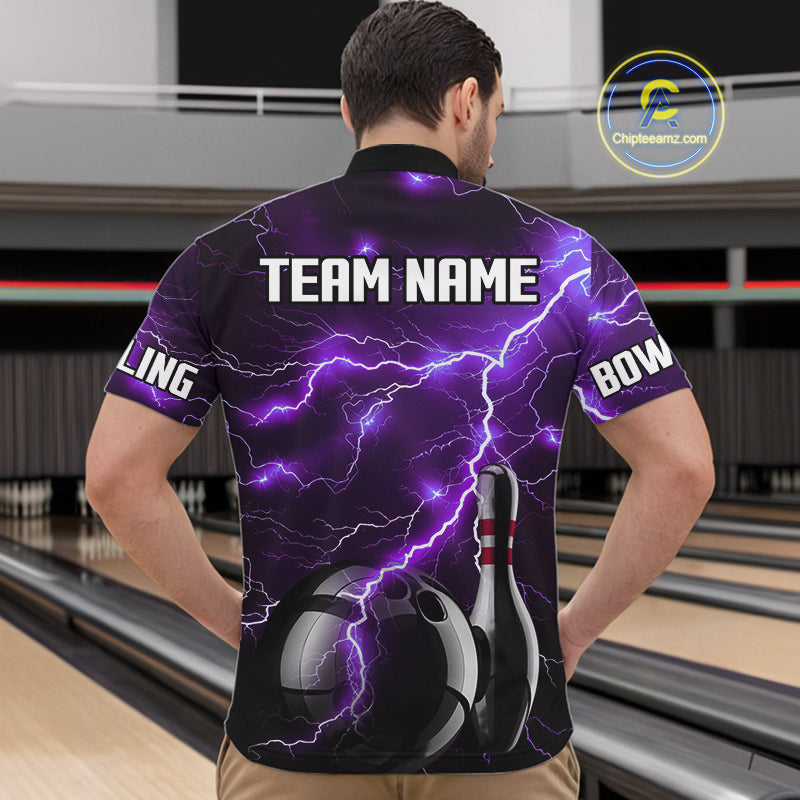 Purple Lightning Thunder Black Bowling Polo, 1/4 zip Shirt for Men custom storm bowling team jerseys NQS10528