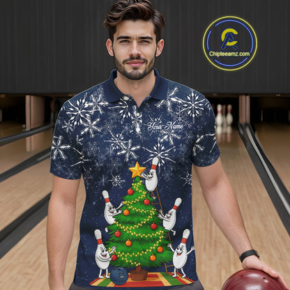Funny Christmas Tree snowflake Bowling shirts for men Custom Xmas Bowling Outfits Men | Navy NQS10951