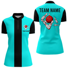 Load image into Gallery viewer, Personalized Cyan Blue and Black Retro Bowling Shirts For Women custom vintage bowling team jerseys NQS9046