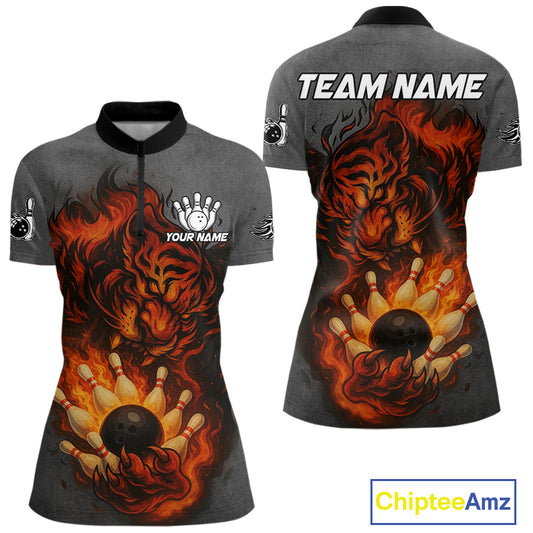 Personalized Tiger Bowling Shirts For Women Custom Gray grunge Flame Tiger Bowling Team Jerseys NQS11137