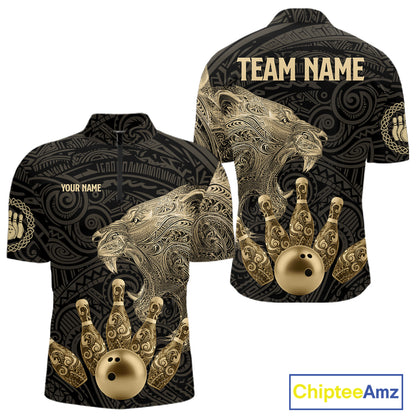 Black and Gold Lion Tribal Bowling Polo, 1/4 Zip Shirts For Men Custom Retro Bowling Team Jerseys NQS11149