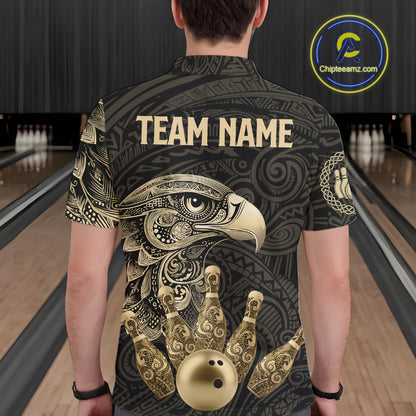 Black and Gold Eagle Tribal Bowling Polo, 1/4 Zip Shirts For Men Custom Retro Bowling Team Jerseys NQS11150