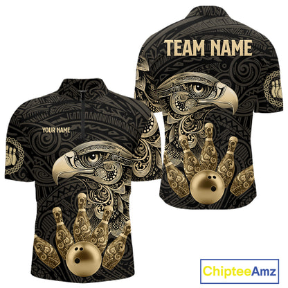 Black and Gold Eagle Tribal Bowling Polo, 1/4 Zip Shirts For Men Custom Retro Bowling Team Jerseys NQS11150