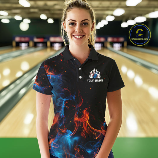 Blue and Orange Flame Bowling Polo, Quarter Zip Shirts for Women Custom Team bowling outfit uniform NQS10026