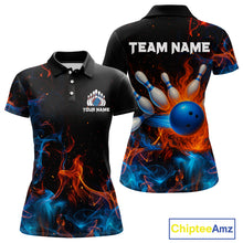 Load image into Gallery viewer, Blue and Orange Flame Bowling Polo, Quarter Zip Shirts for Women Custom Team bowling outfit uniform NQS10026