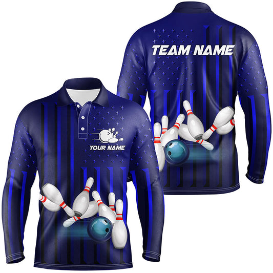 Blue American Flag patriotic Bowling Polo, 1/4 Zip Shirts For Men, custom team bowling shirts NQS8362
