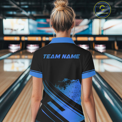 Custom Black And Blue Bowling Team Polo, Quarter-Zip Shirts For Women, Personalized Bowling Jerseys NQS10539