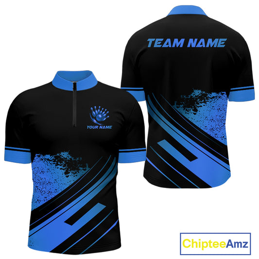 Custom Black And Blue Bowling Team Polo, Quarter-Zip Shirts For Men, Personalized Bowling Jerseys NQS10539